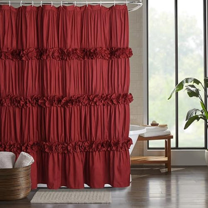 Homechoice Decor Burgundy Ruffle Shower Curtain, Vintage Handcrafted Bow Tie Bath Curtain for Master Bathroom, Ruched Microfiber Bathroom Curtain with 12 Buttonholes, 72" W x 72" H (LQ-10)