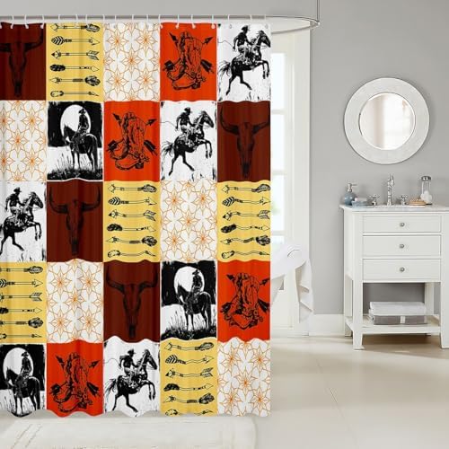 Feelyou Boys Western Bull Skull Shower Curtain Kids Teens Boho Cow Longhorn Skullhead Bathroom Waterproof Accessories with 12 Hooks 72x84 Inches Bohemian Cowboy Southwest Country Ranch Room Decor