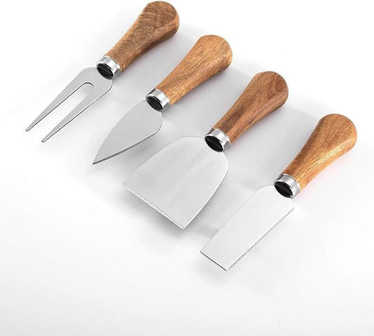 YUANQIAN Cheese Knife Set with Acacia Wood Handles - Cheese Knife, Spreader, Fork, Slicer - Mini Stainless Steel Cheese Tools for Charcuterie Boards (4Pcs/Set, S)