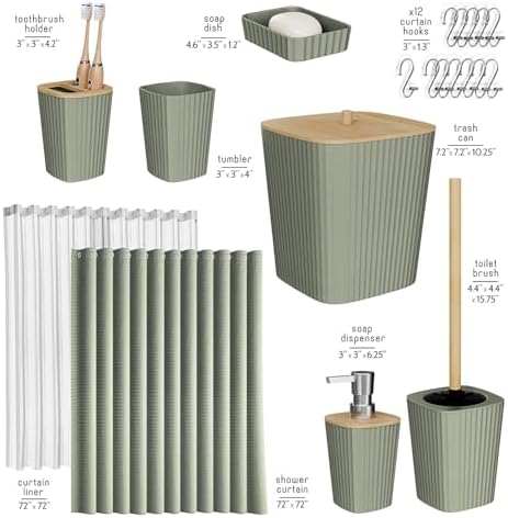 Clara Clark Bathroom Accessories Set - Bathroom Set, Bathroom Accessory Set, Shower Curtain Set, Toilet Brush, Trash Can & Soap Dispenser - Sage Green - 20PC