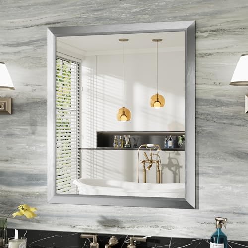 Briivue Bathroom Wall Mirror, Silver Brushed Nickel Metal Frame, 36x30 Inch