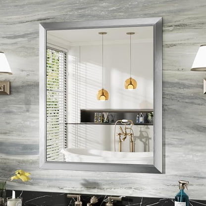 Briivue Bathroom Wall Mirror, Silver Brushed Nickel Metal Frame, 36x30 Inch