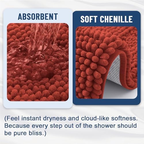 Grandaily Chenille Striped Bathroom Rugs 44x24, Extra Thick and Soft Absorbent Bath Mats, Rubber Backing, Plush Shaggy Shower Carpet, Machine Wash Dry, Bath Rug for Bathroom, Rustic Terracotta