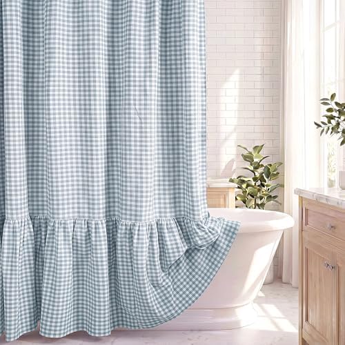 HunnmingRe Ruffle Hem Gingham Shower Curtain Dust Blue