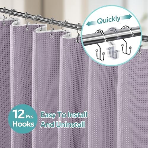 Vipfree 3 in 1 Shower Curtain Set, Waffle Shower Curtain and Liner Set with 12 Double Sided Shower Curtain Hooks, 258GSM Luxury Weighted Cloth Shower Curtains for Bathroom, 72 W x 72 H, Lavender