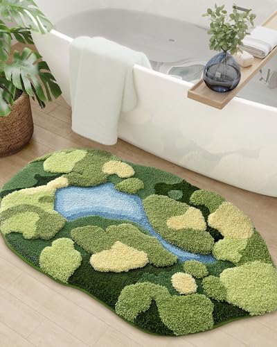 DEXI Cute Moss Bath Mat, Green Oval Bathroom Rugs, 32x20
