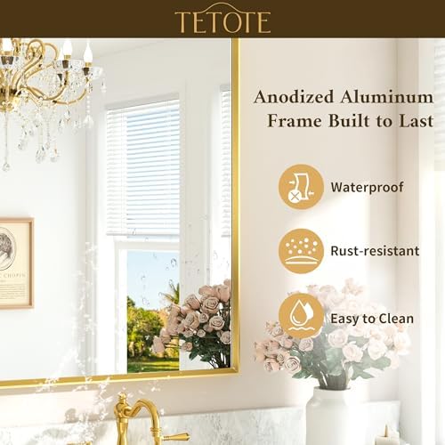TETOTE Brushed Brass Bathroom Mirror 22" x 30" Brushed Gold Rectangle Beveled Framed Bathroom Vanity Mirror for Over Sink, Tempered Glass, Modern Farmhouse Bedroom, Entryway, Living Room