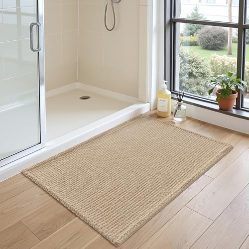 DEXI Chenille Bath Mat 24x16, Soft Absorbent Bathroom Rugs, Beige