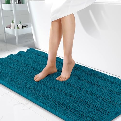 OLANLY Thick Bathroom Runner Rugs 47x24, Chenille Bath Rugs, Peacock Blue
