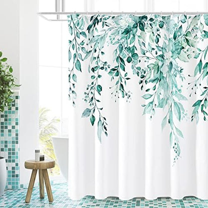 Gibelle Teal Eucalyptus Shower Curtain, Watercolor Floral Print, 72x78