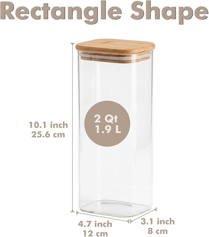 3-Pack 2Qt Rectangle Glass Storage Jars with Bamboo Lids | Minimalist Kitchen Organizer,Scandinavian Style Storage,Nordic Style Storage,Food Storage Canister for Pasta, Penne, Macaroni