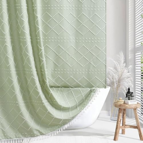 Extra Long Green Boho Shower Curtain - Woven Fabric Cute 84 Inch with Tassel, 72 x 84 Tufted Chevron Textured Striped Modern Farmhouse Minimalist for Bathroom