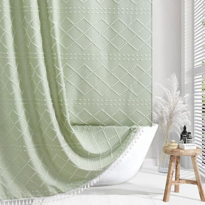 Extra Long Green Boho Shower Curtain - Woven Fabric Cute 84 Inch with Tassel, 72 x 84 Tufted Chevron Textured Striped Modern Farmhouse Minimalist for Bathroom