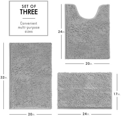 Hearth & Harbor Bathroom Rugs, Chenille Bath Mat - Machine Washable Bath Mats for Bathroom Non-Slip Backing Rubber, Quick Dry Mat - Silver Bath Rug, 17x24-20x32-20x24