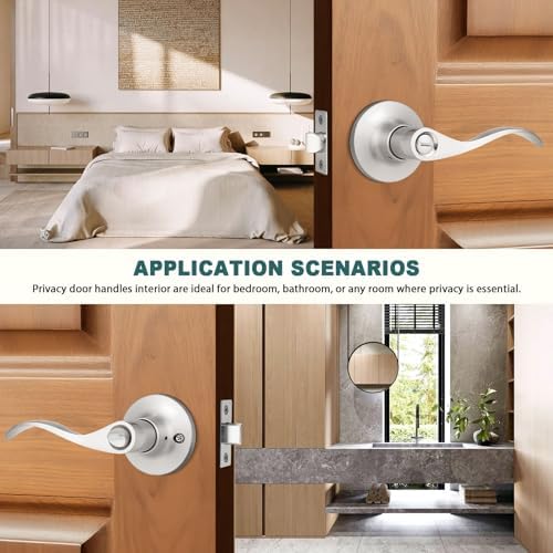 GOBEKOR 1 Pack Privacy Door Levers Brushed Nickel Lever Door Handles Interior for Bedroom and Bathroom Door Locks Wave Door Handles
