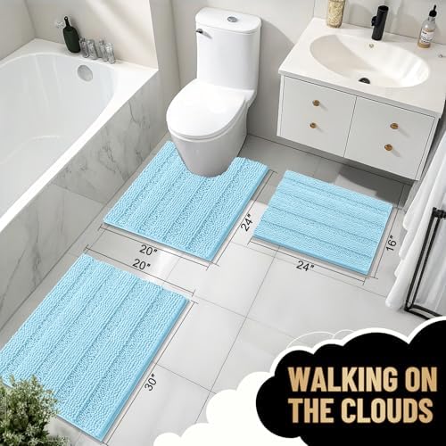 OLANLY Thick Bathroom Rugs 36x24, Soft Chenille Striped Bath Rugs, Sky Blue