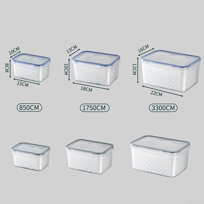 Multi-Functional Kitchen Sealed and Drainable Food Storage Container with Lid, 4 in 1 Produce Keeper with Basket, Freshness Preservation for Refrigerator or Pantry, 18x13x10cm and 22x16x12cm(S+M+L)