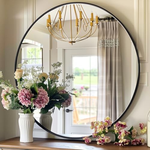 24 inch Black Circle Mirror, Round Mirror, Matte Black Metal Frame