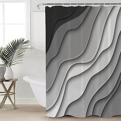 Shower Curtain Bathroom Set Black Grey Ombre Gradient Water Ripple Waterproof Shower Curtains with Grommets Hooks Abstract Lines Modern Art Privacy Bath Curtain for Bathtub Decor 72x78in