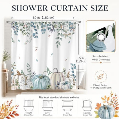 Blue Pumpkin Shower Curtain, 60 x 72 Inch Watercolor White Pumpkin Eucalyptus Bathroom Curtain, Fall Farmhouse Bath Curtain for Tub Shower Decor, Multiple Sizes