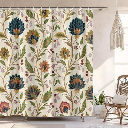 Vintage Floral Shower Curtain for Bathroom, Rustic Farmhouse Beige and Teal Sage Green Boho Botanical Shower Curtains, Retro Cottagecore Wildflower Aesthetic Bath Curtain Set with Hooks， 72 x 78 Inch