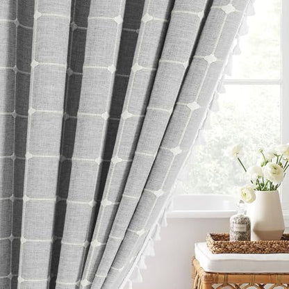 Boho Farmhouse Classic Plaid Linen Tassel Shower Curtain Light Grey,72x78