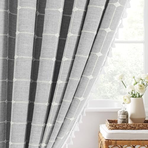 Boho Farmhouse Classic Plaid Linen Tassel Shower Curtain Light Grey,72x84