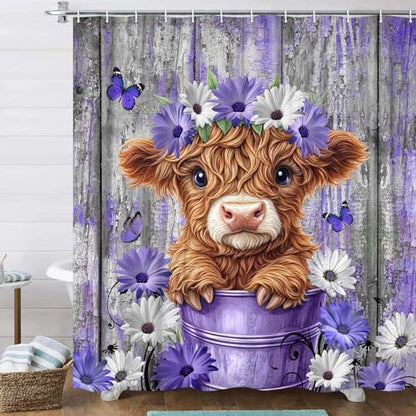 Cute Highland Cow Shower Curtain for Bathroom, Farmhouse Rustic Wooden Cattle Bathroom Decor Set, Funny Daisy Floral Flowers and Butterfly Waterproof Fabric Bath Curtains with 12 Hooks 70X70in