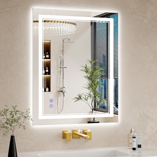 24"x30" LED Bathroom Mirror with Lights, Anti-Fog, Backlit + Front Lit, Dimmable, Led Vanity Mirror for Wall, Lighted Bathroom Mirror, 3 Colors, Shatter-Proof Tempered Glass