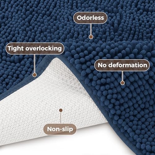 Bcoimo Bath Rug Mat Set, 2 Piece Thick Absorbent Chenille Bathroom Mat Navy