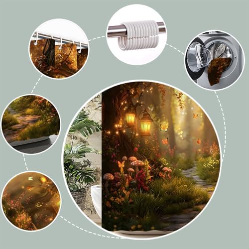 Fantasy Forest Path Shower Curtain Fall Fairy Magical Enchanted Misty Jungle Mushroom Floral Tree Butterfly Lantern Wonderland Bath Curtain Fabric Bathroom Accessories Decor with Hooks 47W x63L