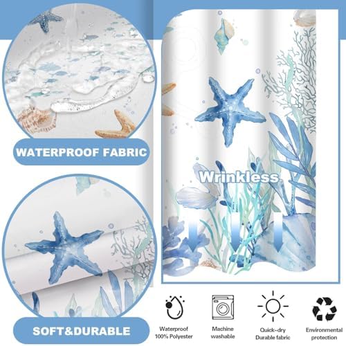 No Hook Shower Curtain and Liner Set, Watercolor Blue Beach Coastal 71x84