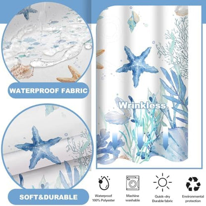 No Hook Shower Curtain and Liner Set, Watercolor Blue Beach Coastal 71x84
