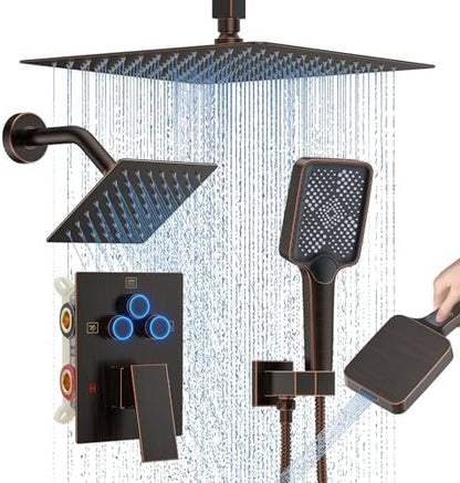 Shower Faucet Set, 12" Ceiling Mount Rainfall Shower System with 2 Rain Shower Head and Multi-function Handheld Head Push Button Diverter Shower Faucet Trim Kit (12", Oil Rubbed Bronze)