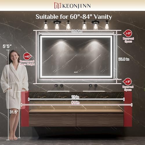 Keonjinn 60 x 36 Inch Lighted Mirrors for Bathroom Wall, Bluetooth Speaker
