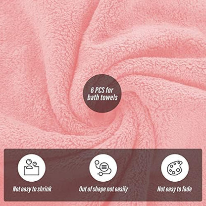 MOONQUEEN 6 Pack Premium Bath Towel Set - Quick Drying - Microfiber Coral Velvet Highly Absorbent Towels - Multipurpose Use as Bath Fitness, Bathroom, Shower, Sports, Yoga Towel (Pink)