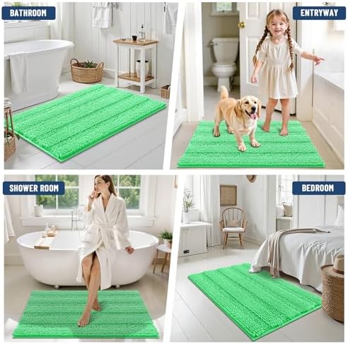 Grandaily Chenille Striped Bathroom Rugs 36x24, Extra Thick and Soft Absorbent Bath Mats, Rubber Backing, Plush Shaggy Shower Carpet, Machine Wash Dry, Bath Rug for Bathroom, Mint Green