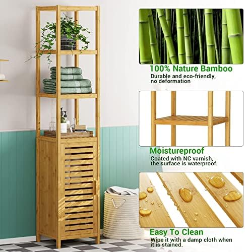 VIAGDO Storage Tall Slim Cabinet with Shutter Door and 3 Tier Shelves, Freestanding Linen Tower Cabinet for Living Room, Kitchen, Bathroom Organizer, Natural Bamboo