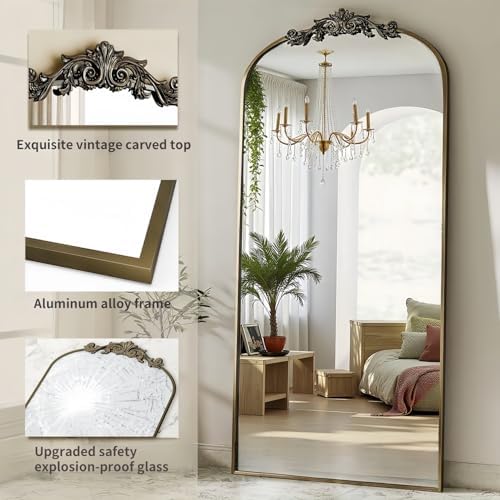 Dewfig Arched Full Length Mirror, 71"x32" Floor Mirror with Carved, Bronze
