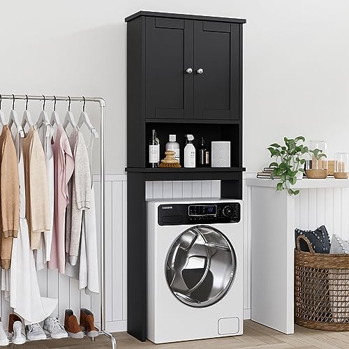 Shintenchi Over the Toilet Storage Cabinet, Bathroom Shelf Organizer with Anti-Tip Device Small Freestanding Space Saver with Adjustable Shelf，Black