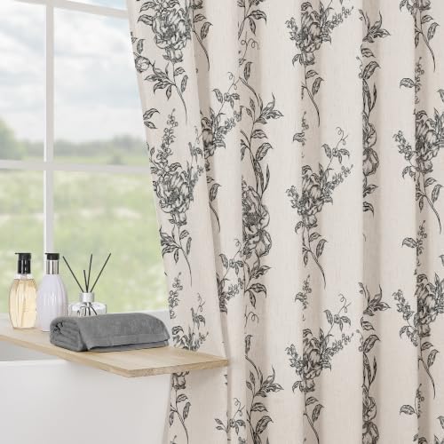 Black Linen Farmhouse Shower Curtain, Boho Floral Bathroom 72x72