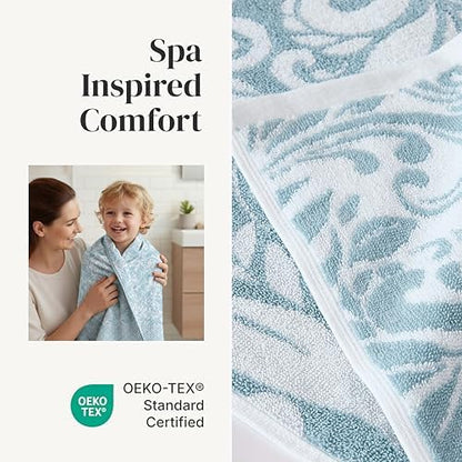 Modern Threads 6 Piece Bath Towel Set – Bathroom Set with 2 Bath Towels, 2 Hand Towels, and 2 Wash Cloths – 100% Cotton, Super Absorbent & Extra Soft – Reversible Botanical Vine (Blue)