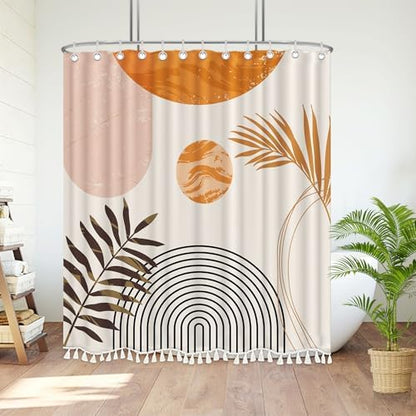 Boho Mid Century Leaf Shower Curtain Set,Arch Sun Design,Minimalistic Leaves Pattern,Waterproof and Luxurious Fabric-12 Hooks(Orange-72" x 96")