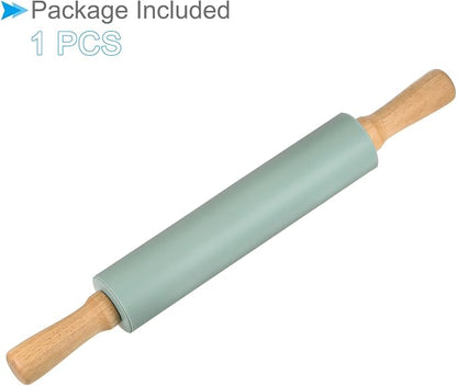 Silicone Rolling Pins, 17" Length, Silicone & Oak Non-Stick Ergonomic Wooden Handle Fondant Dough Roller Dark Green - (Applications: for Baking DIY Projects)