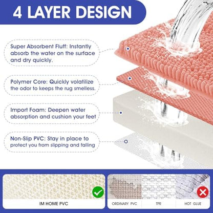 ACCUMTEK Extra Long Striped Coral Bathroom Rug Mat 70"x24" Ultra Soft, Non Slip Chenille Bath Rugs, Absorbent Plush Shaggy Bath Mats for Bathroom, Bedroom, Kitchen, Shower, Tub