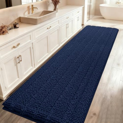 ACCUMTEK Striped Navy Blue Bathroom Rug Mat 48"x17" Ultra Soft, Non Slip Chenille Bath Rugs, Absorbent Plush Shaggy Bath Mats for Bathroom, Bedroom, Kitchen, Shower, Tub