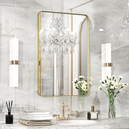 Fun Memories Gold Bathroom Mirror 20x30 Inch Bathroom Vanity, Metal Black Frame Large Mirror, Modern Wall Mirror for Bathroom, Tempered Glass, Farmhouse, Horizontally or Vertically