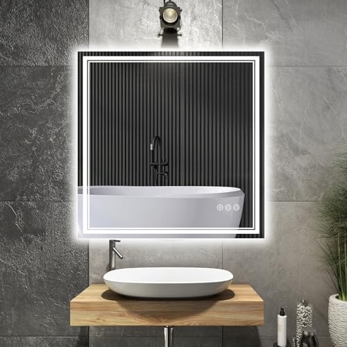 Ratsamee 30"x30" LED Bathroom Mirror with Lights, Backlit + Front Lit