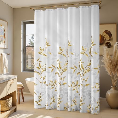HOMEIDEAS Gold Botanical Shower Curtain 72×78 Inches