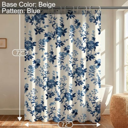 Farmhouse Blue Floral Shower Curtain, Waterproof Fabric Faux Linen Shower Curtain Set with 12 Rings, Vintage Cottagecore Boho Shower Curtains for Bathroom 72" W x 72" L （Beige + Blue